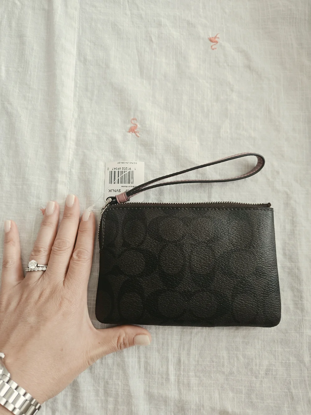 COACH Signature Wristlet Pouch in Brown and Dusty Pink